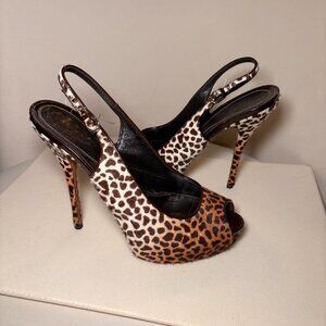 GUCCI Sofia Platform Peep Toe Slingback Pumps, Leopard Print Calf Hair, Sz 40